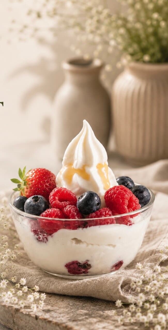 Frozen Greek yoghurt with raspberries, blueberries and honey