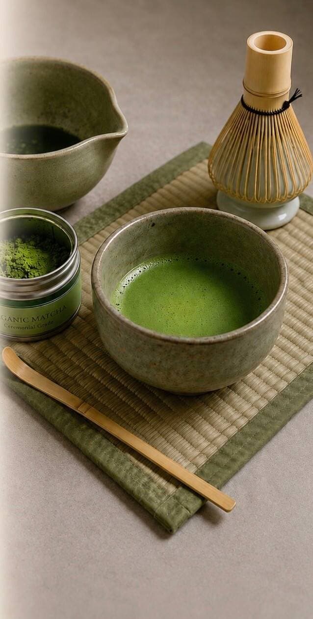 Bowl of whisked matcha beside a bamboo whisk and scoop