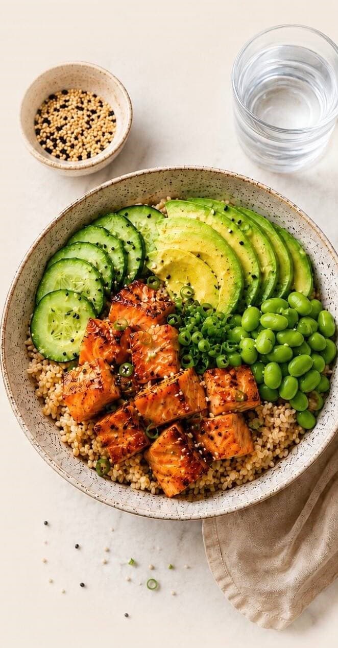 Protein bowl with glazed salmon, avocado, edamame and cucumber on brown rice
