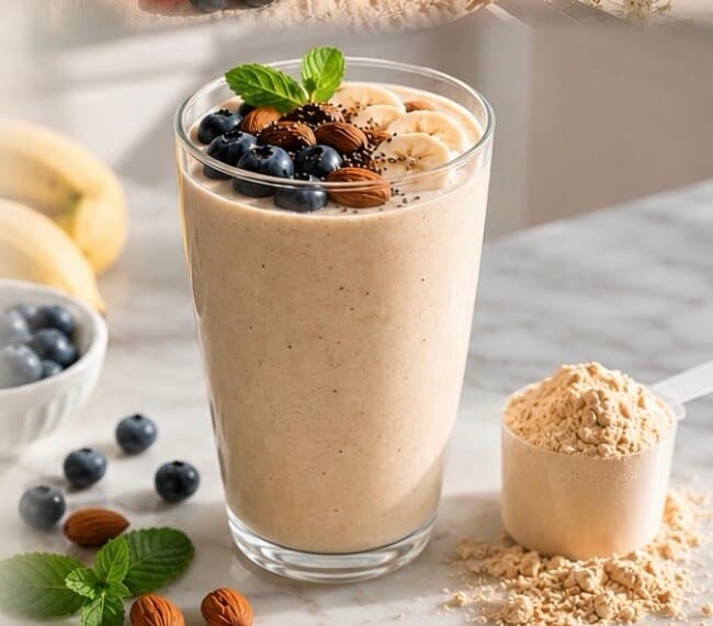 Protein shake topped with banana, blueberries and almonds