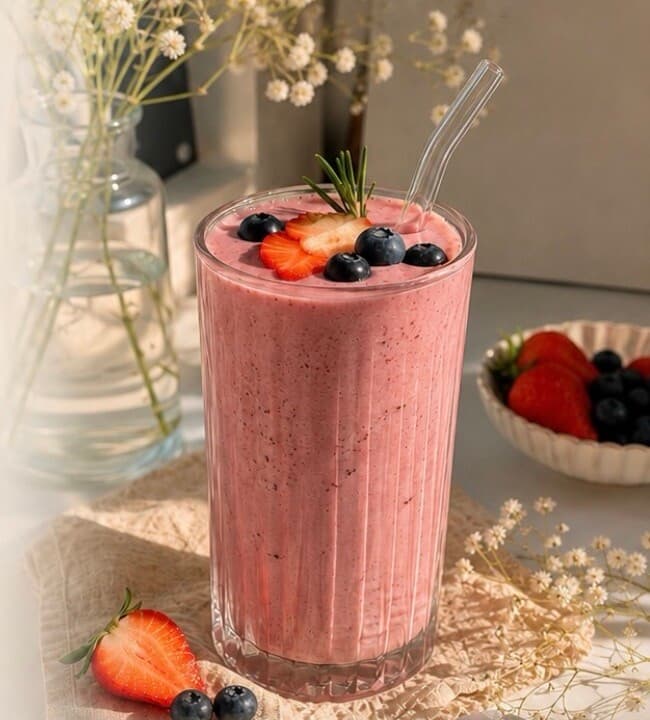 Pink berry smoothie in a tall glass with strawberries and blueberries